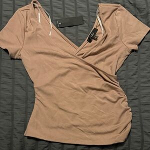 Lulu's Tan Wrap V-Neck Short Sleeve Top